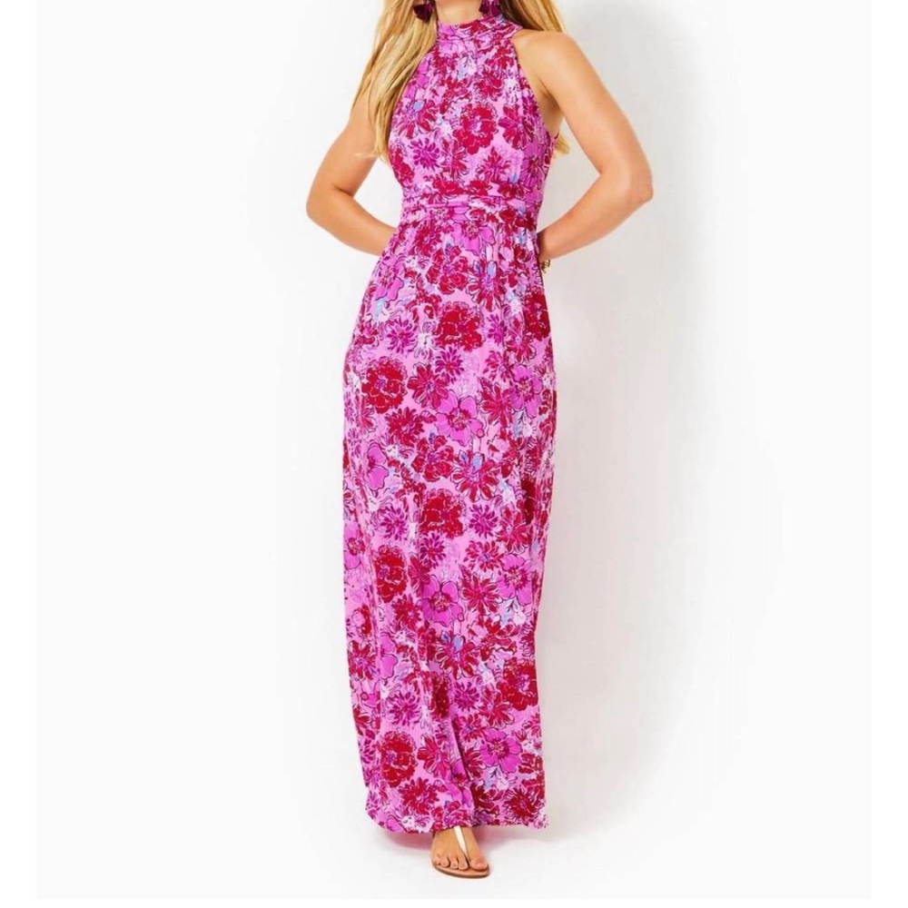 NWOT Lilly Pulitzer Wyota Maxi Pink and Red Floral Halter Maxi Dress Botanical L